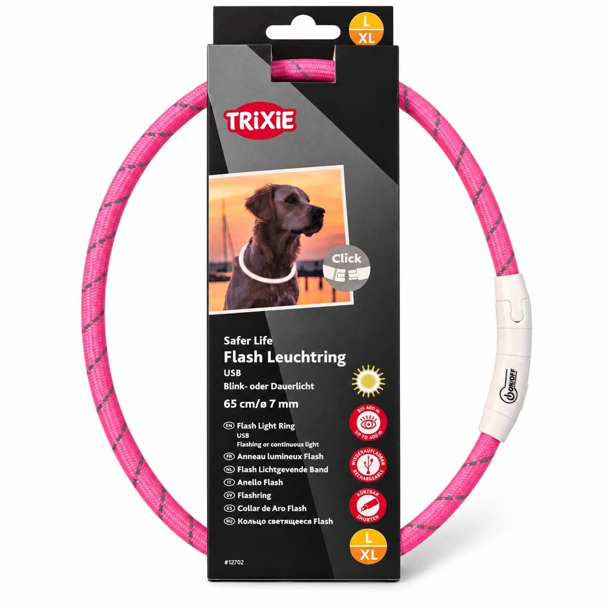 Trixie Flash Light Ring USB LED kaklasiksna suņiem L–XL 65 cm rozā