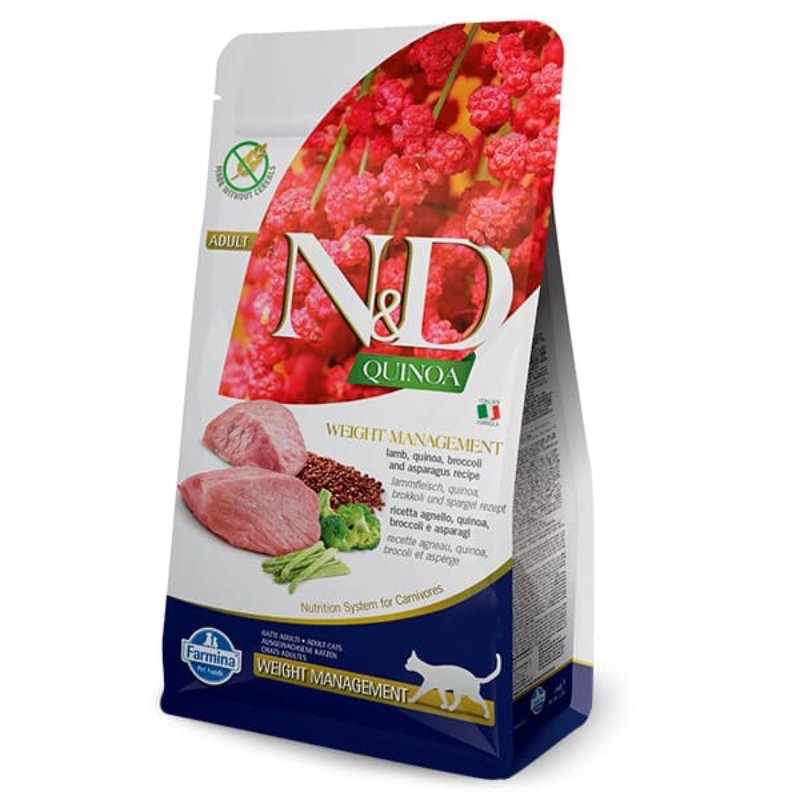 FARMINA N&D CAT GF QUINOA LAMB WEIGHT sausā barība kaķiem Jērs, brokoļi 5kg