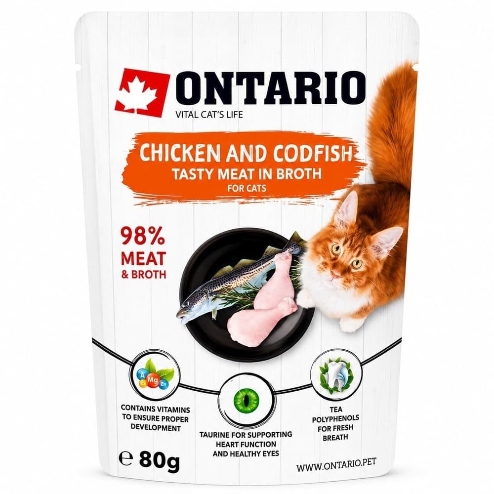 Ontario Chicken Cod Pouch konservi kaķiem ar vistu un mencu buljonā 80 g
