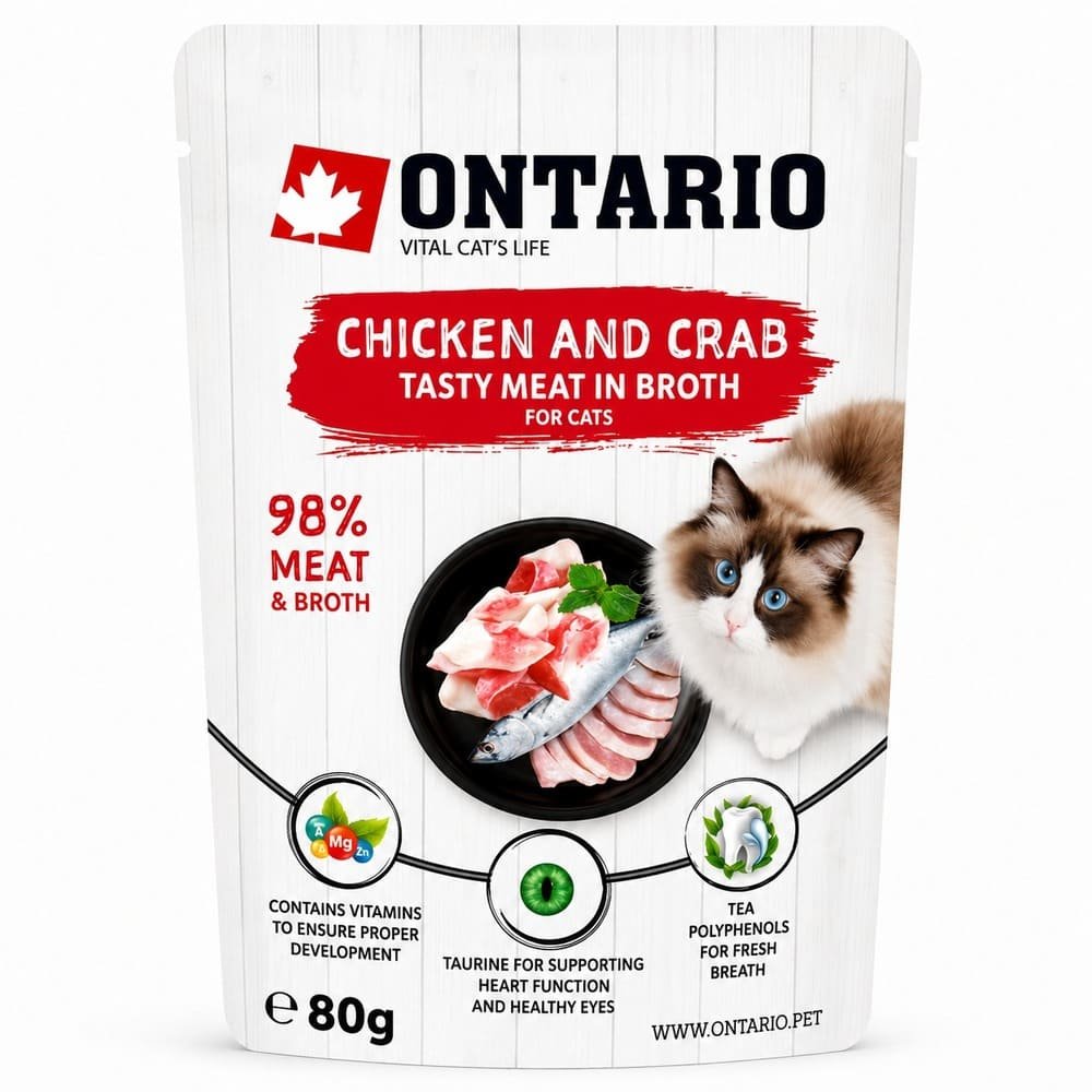 Ontario Chicken Crab Pouch konservi kaķiem ar vistu un krabi buljonā 80 g
