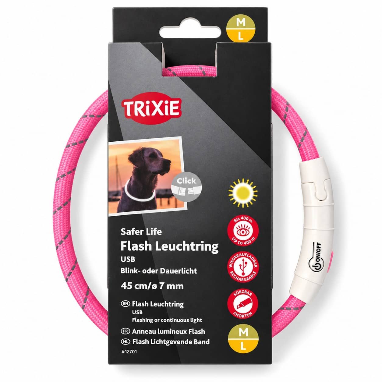 Trixie Flash Light Ring USB LED kaklasiksna suņiem M–L 45 cm rozā