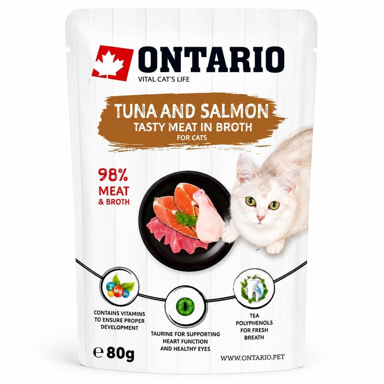 Ontario Tuna Salmon Pouch konservi kaķiem ar tunci un lasi buljonā 80 g