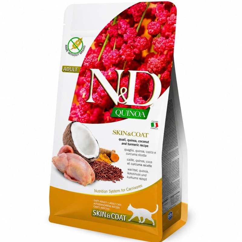 Farmina N&D Quinoa Quail Skin & Coat bezgraudu kaķu barība ādai un spalvai ar paipalu un kvinoju 5 kg