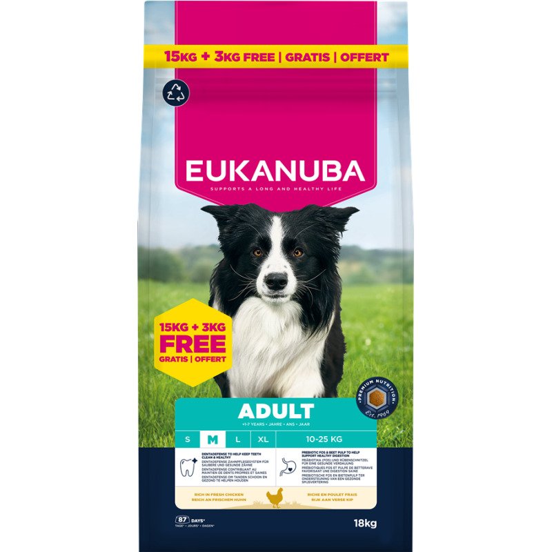 Eukanuba Medium Chicken suņu barība ar vistu 15 kg + 3 kg Bonuspaka