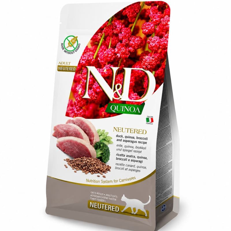 Farmina N&D Quinoa Duck Neutered bezgraudu barība sterilizētiem kaķiem ar pīli un kvinoju 1.5 kg