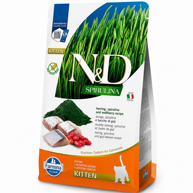 Farmina N&D Spirulina Kitten Herring bezgraudu kaķēnu barība ar siļķi un spirulīnu 1.5 kg