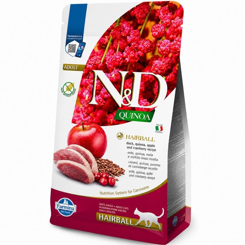 Farmina N&D Quinoa Duck Hairball bezgraudu kaķu barība pret spalvu kamoliem ar pīli un kvinoju 1.5 kg